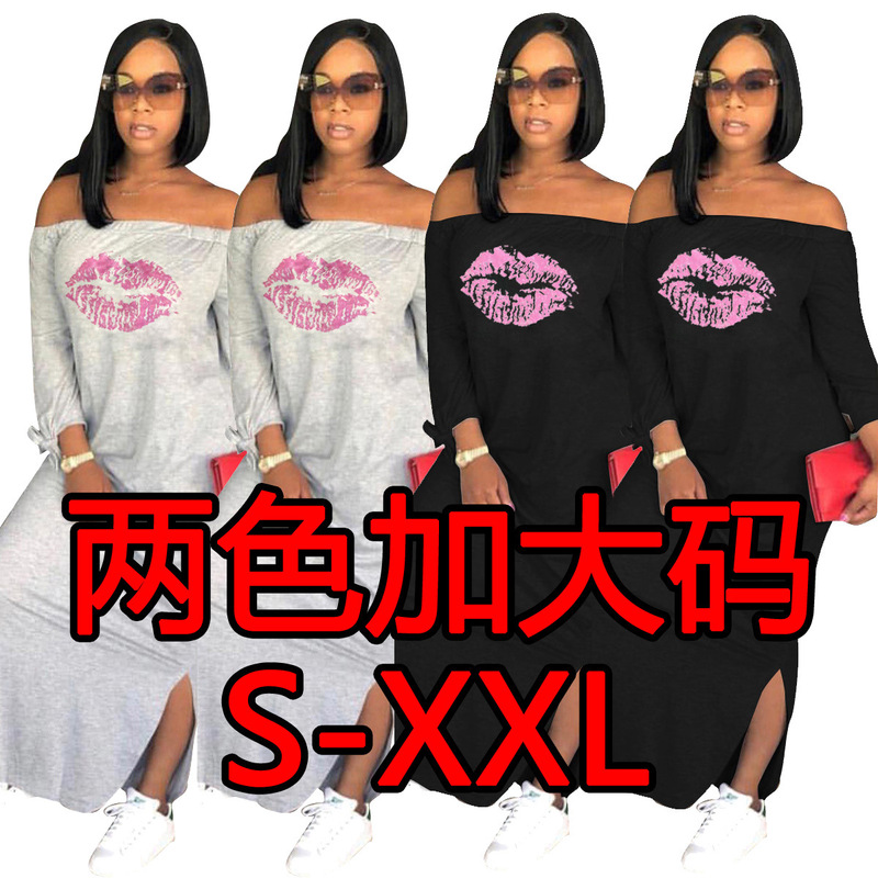 D9024 cross-border women's clothing Amazon wish best selling European and American women's lip print split dress D9024 cross-border women's clothing Amazon wish best selling European and American women's lip print split dress