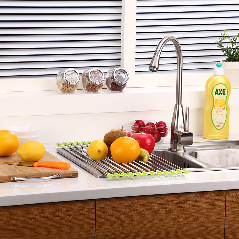 Estante de almacenamiento de cocina de acero inoxidable estante de drenaje plegable plato de frutas y verduras tazón Filtro de limpieza estante persiana