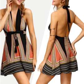 亚马逊独立站夏季欧美跨境拼接短裙 性感挂脖系带露背A字连衣裙女