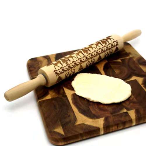 Christmas Elk Printed Rolling Pin Beech Laser Engraved Embossed Rolling Pin Cookie Rolling Pin Wholesale