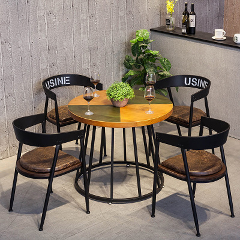 American Country Solid Wood Round Dining Table Industrial Style Coffee Shop Creative Dining Table and Chair Combination Leisure One Table and Four Chairs