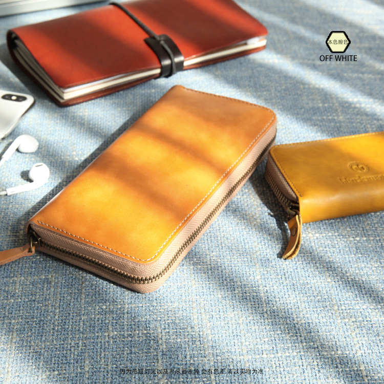 Cremallera de estilo japonés clip largo BR5104 billetera de costura cepillada a mano cuero curtido vegetal capa superior piel de vaca billetera larga horizontal