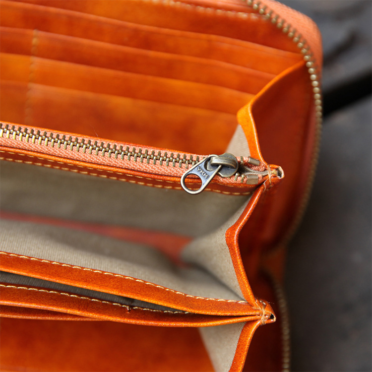 Cremallera de estilo japonés clip largo BR5104 billetera de costura cepillada a mano cuero curtido vegetal capa superior piel de vaca billetera larga horizontal