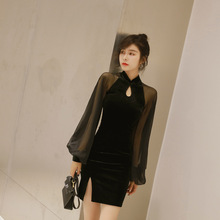 改良旗袍2025秋装新款女装透视灯笼袖丝绒包臀连衣裙一件代发1502