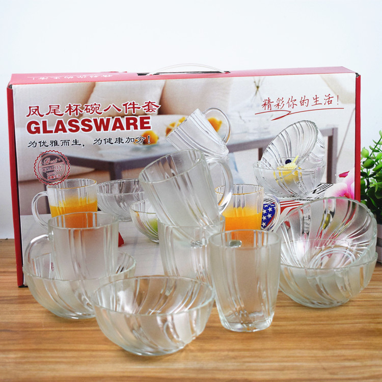 Wholesale phoenix tail cup bowl eight-piece set two-piece Diamond Bowl plate six-piece set crystal glass bowl suit promotional gifts