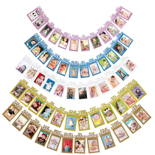 Baby birthday party photo wall decoration diy photo flag party supplies 12 months photo clip flag