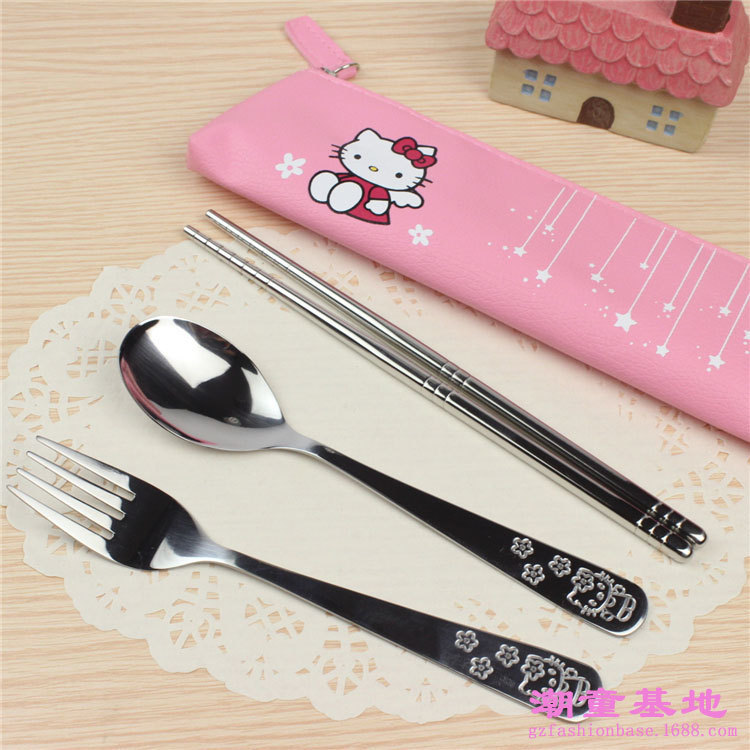 PU leather zipper bag children chopsticks fork spoon 304 stainless steel three-piece tableware wholesale environmentally friendly tableware