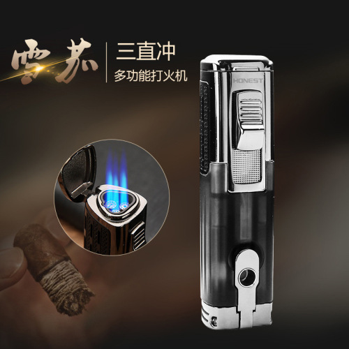Baicheng metal inflatable three-way cigar lighter flamethrower boutique blue fire multi-function lighter wholesale