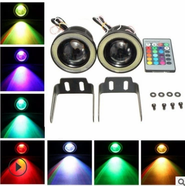 WJ RGB ангел глаз противотуманный свет LED 3.5-дюймов 3.0-дюймов пульт дистанционного управления цветной туман свет ангел глаз COB цветной
