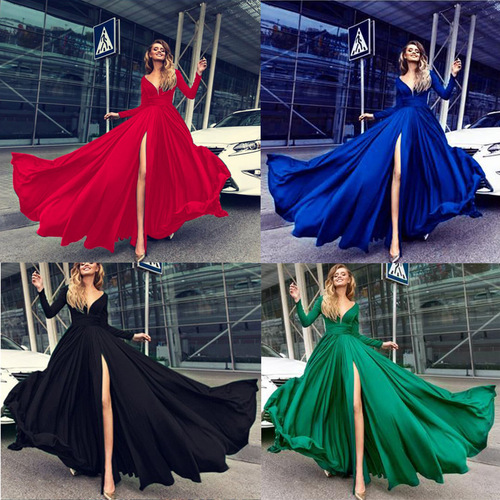 European and American Hot May New Style Dress, Milk Silk Sexy Deep V-Neck Long-Sleeve Dress