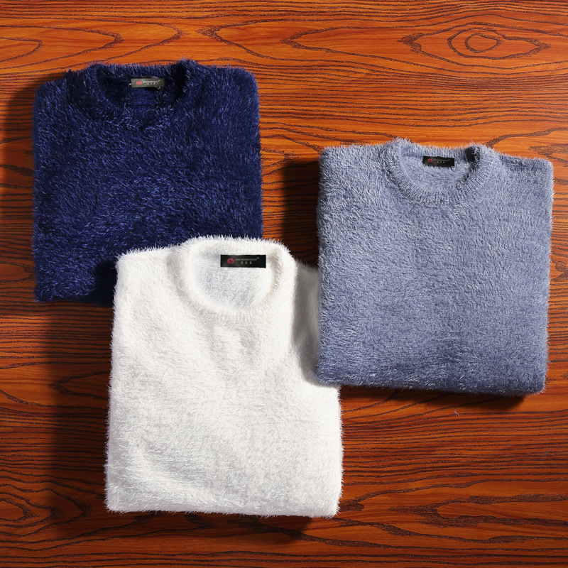 Cross-border solid color mohair fluffy knit Korean style V-neck stretch pullover plus size men's base layer sweater