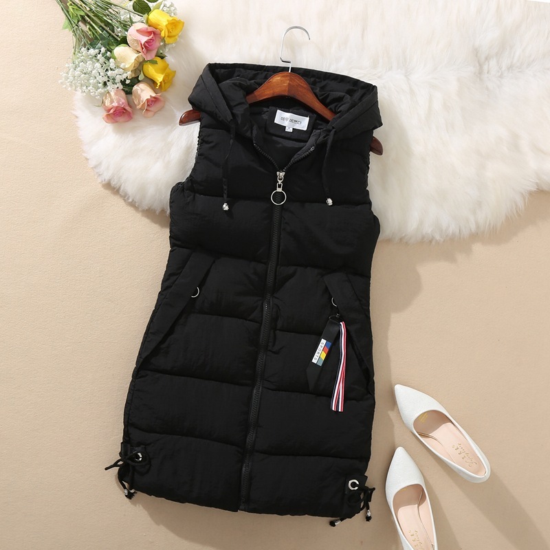 Down Cotton Outwear Vest Women's Outwear Autumn and Winter Sleeveless Waistoutwear Mid-Length Hooded Vest Korean Style Cotton Outwear Cotton Jacket Trendy