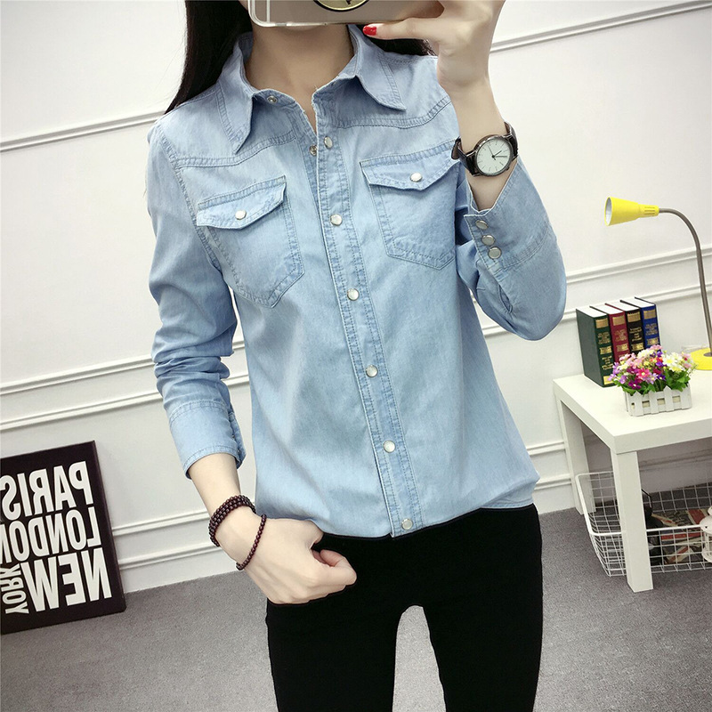Cross-Border Spring New Fashion Nostalgic Slim Denim Shirt Women's Pearl Button Long-Sleeved Thin Bottoming Shirt College Style Cross-Border Spring New Fashion Nostalgic Slim Denim Shirt Women's Pearl Button Long-Sleeved Thin Bottoming Shirt College Style