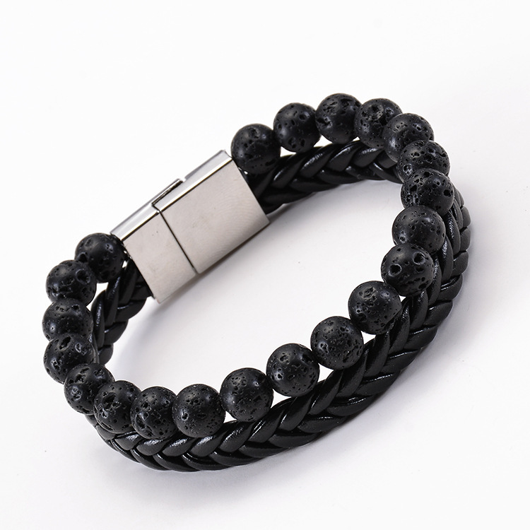 Amazon Hot Sale Natural Volcanic Lava Rock Essential Oil Bracelet Leather Beads Magnetic Buckle Double Row Bracelet Wholesale