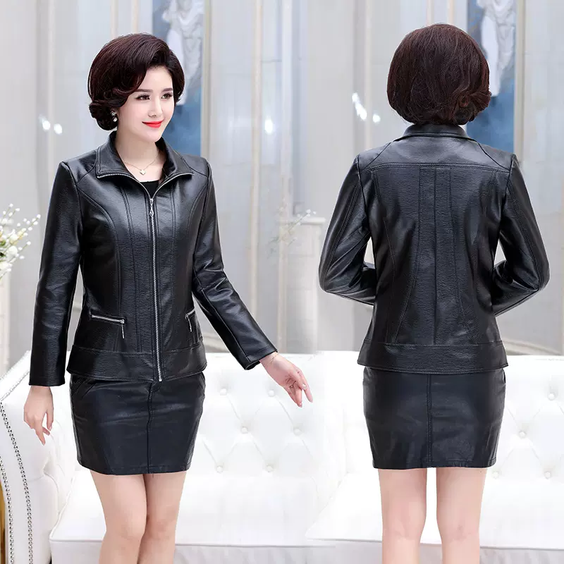 2021秋冬季新款中老年女士立领夹克棉外套仿真皮短款宽松皮衣