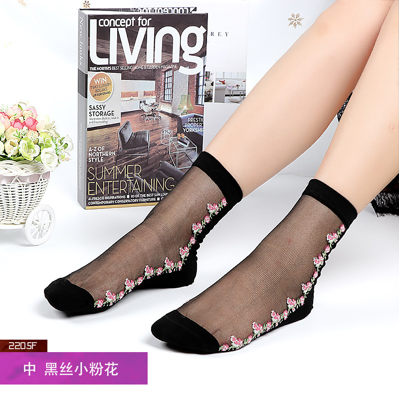 Corea del Sur moda tejida medias de cristal de flores simples medias de cristal de fondo de algodón de flores ultra-Delgado invisible media pantorrilla calcetines de mujer moda al por mayor