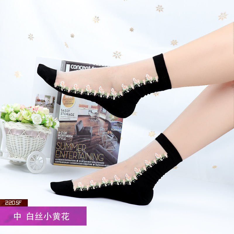 Corea del Sur moda tejida medias de cristal de flores simples medias de cristal de fondo de algodón de flores ultra-Delgado invisible media pantorrilla calcetines de mujer moda al por mayor