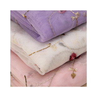 Factory Direct full polyester flat embroidered fabric mesh bottom embroidered fashion curtain fabric wholesale small Rose