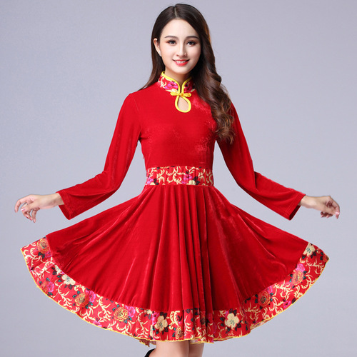 Luoshen square dance clothing new dress women's autumn and winter gold velvet middle-aged and elderly long-sleeved performance dance suit