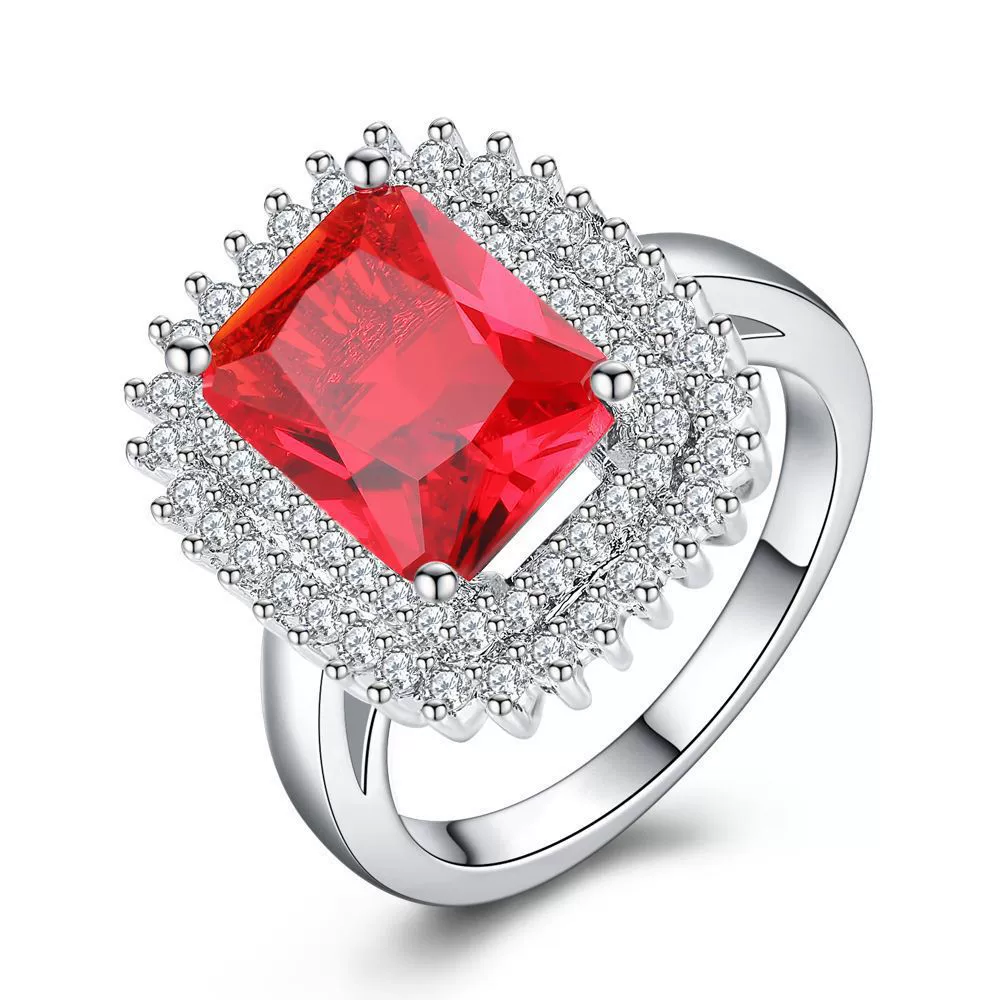Elegant European Style Ring with Square Ruby Zirconium Stone for Brides, Wedding Accessory