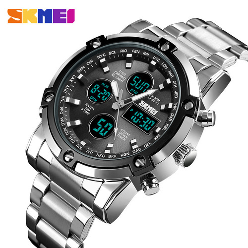 Shimei manufacturer dual display electronic watch multi-function steel strap large dial three time men's waterproof watch