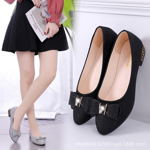 Women's Fashionable Butterfly Knot Water Diamond Flat Heel Rough Sole Pointed Toe Spring New Versatile Work Shoes