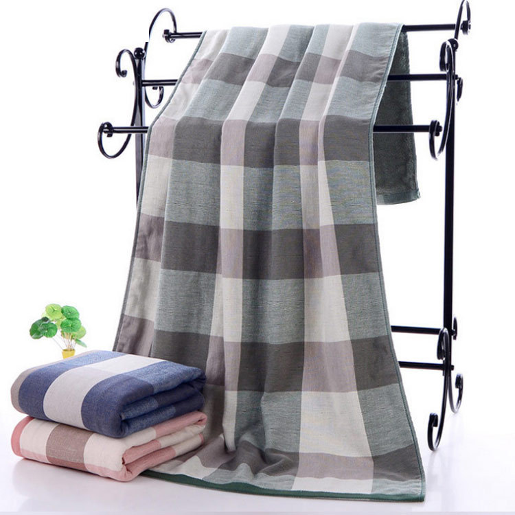 2022 New Summer Bath Towel Cotton Gauze Checkered Thickened Adult Bath Towel Daily Necessities Spot Wholesale Water Absorbent