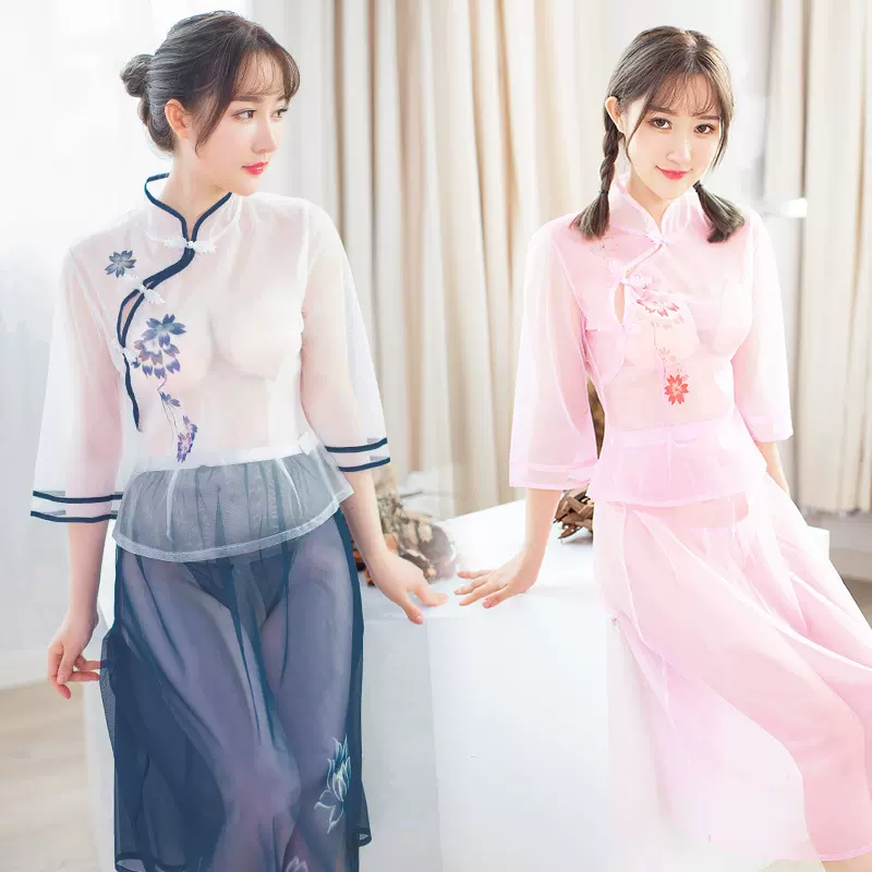 媚火新款情趣内衣复古小清新印花民国服长裙开档三件套 情趣内衣