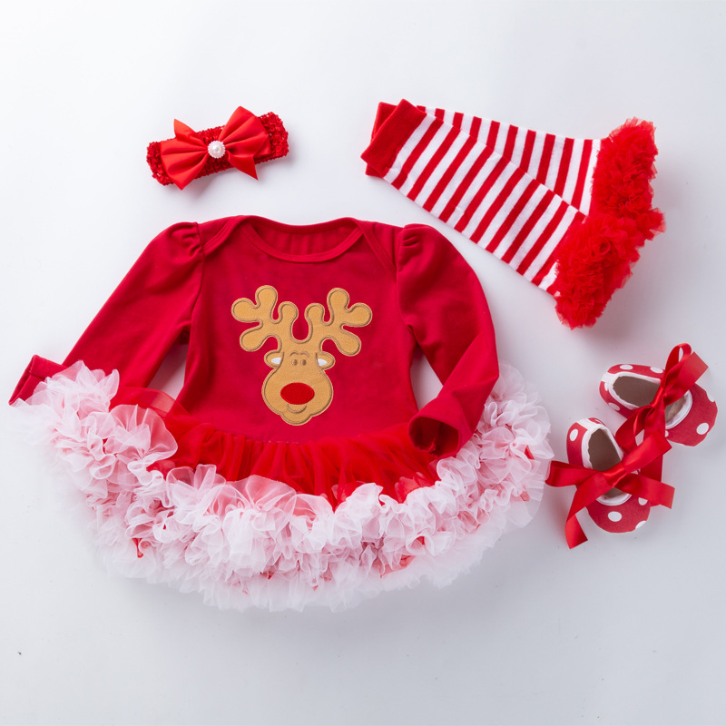 Abbigliamento per bambini Autunno e inverno Natale grande fiocco di neve gonna ragazza gonna vestito bambino manica lunga vestito bambino 4 pezzi set all'ingrosso_voghion.com