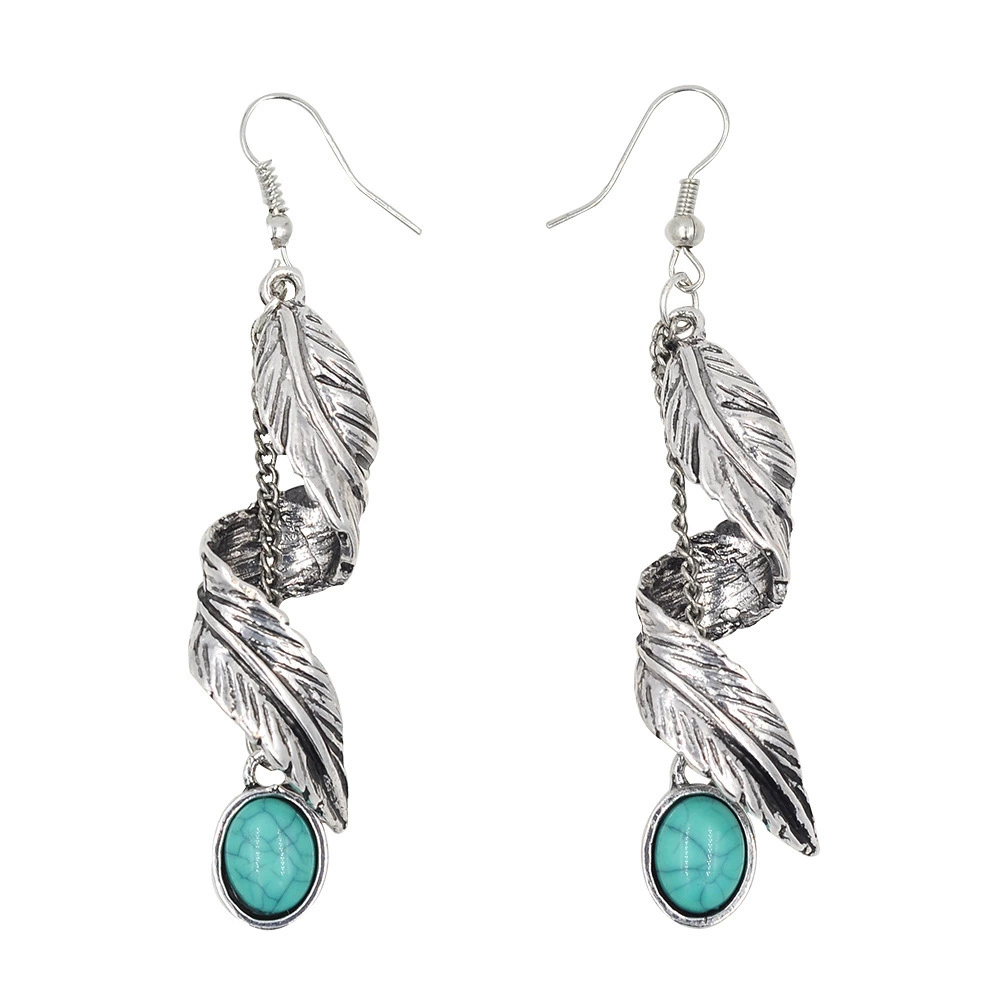 Retro Turquoise Drop Earrings, Ancient Silver Plated Leaf Dangle, Boho European Style