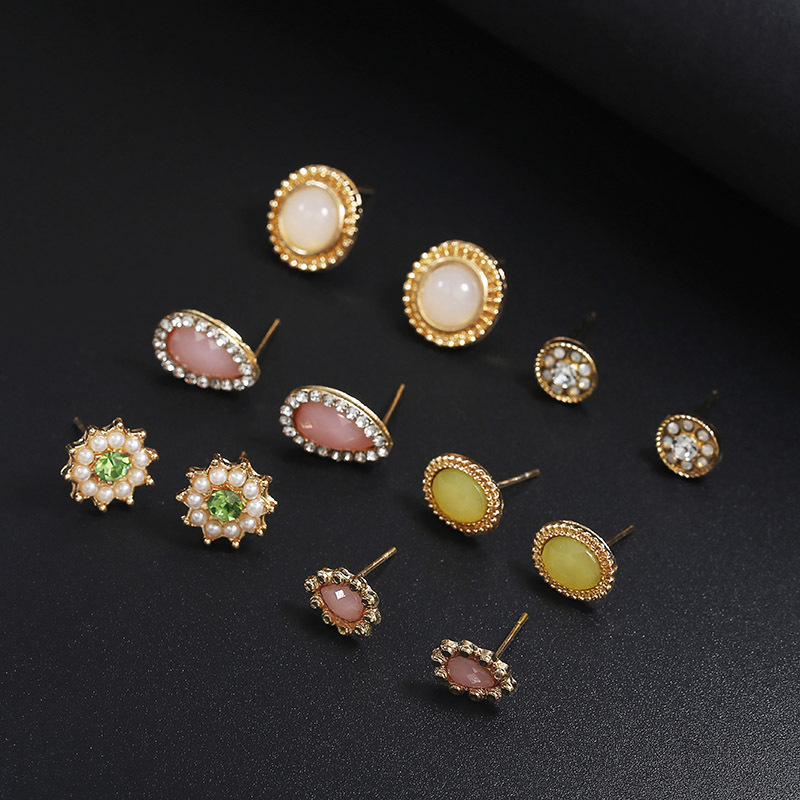 Pendientes de moda europeos y americanos - Juego de 6 pares con piedras de imitación - Pendientes al por mayor para comercio transfronterizo