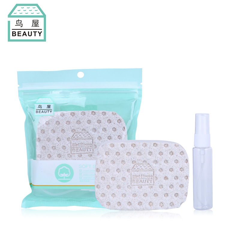 Casa del pájaro PVA cara lavado puff spray botella traje limpieza cara lavado puff maquillaje puff PET plástico botella vacía N414