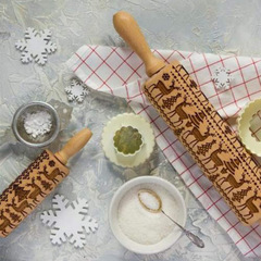 Christmas Elk Printed Rolling Pin Beech Laser Engraved Embossed Rolling Pin Cookie Rolling Pin Wholesale