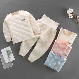 新款儿童保暖套装 彩棉提花加厚高腰护肚两用档三层夹棉保暖内衣