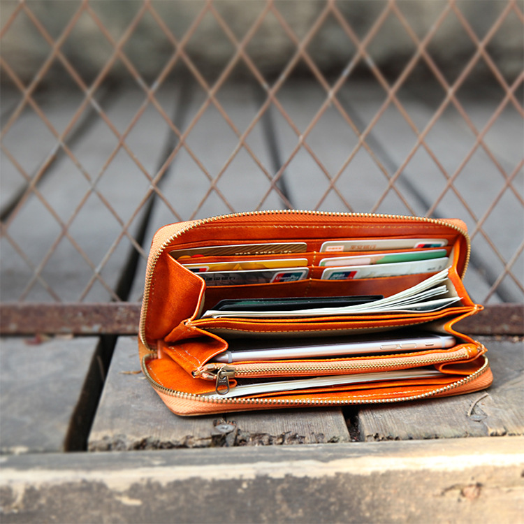 Cremallera de estilo japonés clip largo BR5104 billetera de costura cepillada a mano cuero curtido vegetal capa superior piel de vaca billetera larga horizontal