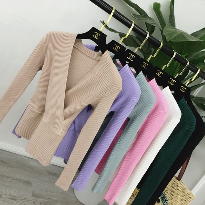 2025 Spring and Autumn New Women's Korean Style Slim Fit Sexy Base Shirt Cross V-Neck Long Sleeve Knitted Thin Top