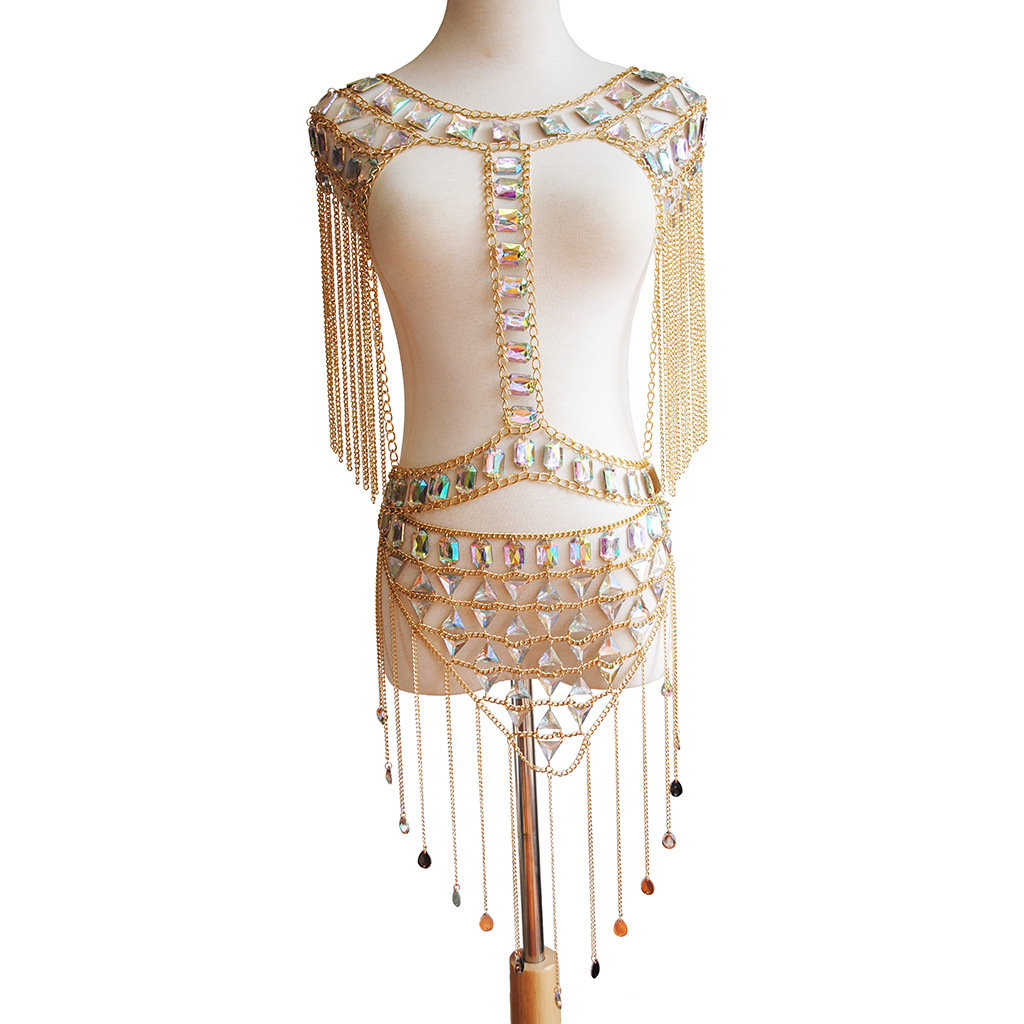 Cadena de pecho sexy europea y americana para mujer, estilo veraniego de playa, chaleco con borlas, conjunto de cadenas corporales de acrílico con gemas, venta al por mayor transfronteriza. image 3