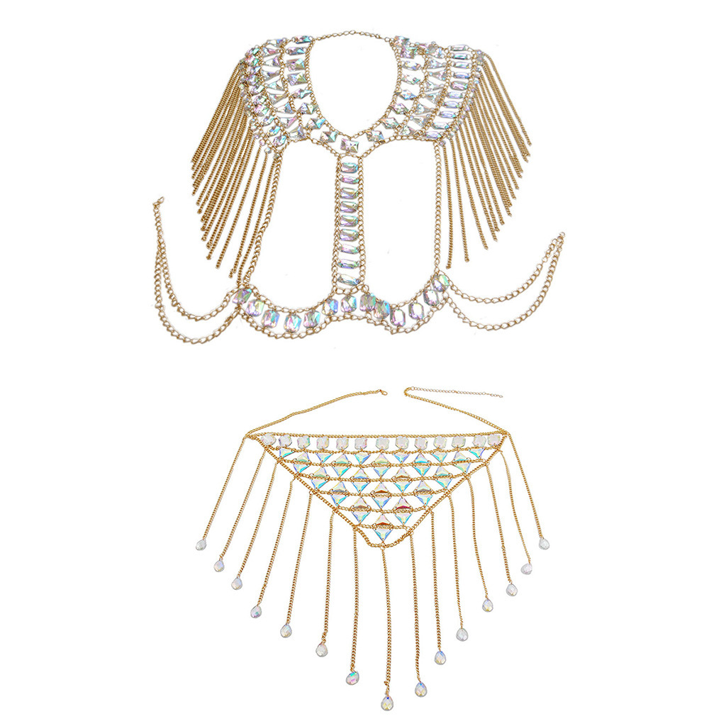 Cadena de pecho sexy europea y americana para mujer, estilo veraniego de playa, chaleco con borlas, conjunto de cadenas corporales de acrílico con gemas, venta al por mayor transfronteriza. image 7