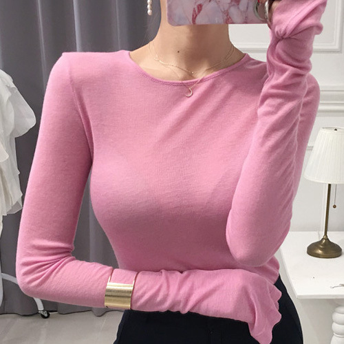 한국 여성용 슬림핏 섹시 베이스 셔츠 여성용 가을 얇은 스트레치 마이크로 투명 가슴 노출 솔리드 컬러 모든 매치 긴팔 티셔츠