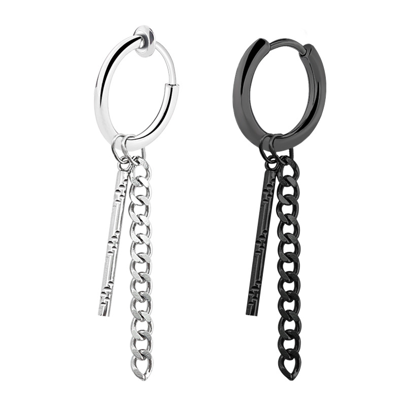 Japanese and Korean Hip Hop Punk Style Personalized Chain Men's Earrings Titanium Steel Ear Buckle Stainless Steel Square Strip Long Earrings Ear Jewelry