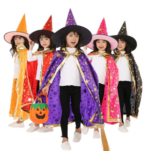 Halloween Cloak Children's Performance Costume Little Witch Mage cosplay Five-Star Cloak Hat Set