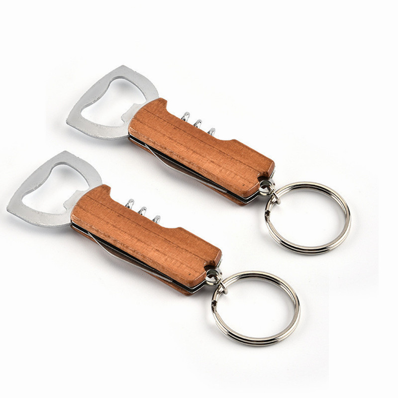Factory Supply Creative Keychain Beer Bottle Opener Stainless Steel Multifunctional Wooden Handle Wine Opener Kitchen Gadgets