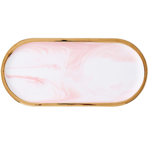 Nordic marble tray with gold edge elliptical plate decorative jewelry storage tray ceramic steak Western dinner plate