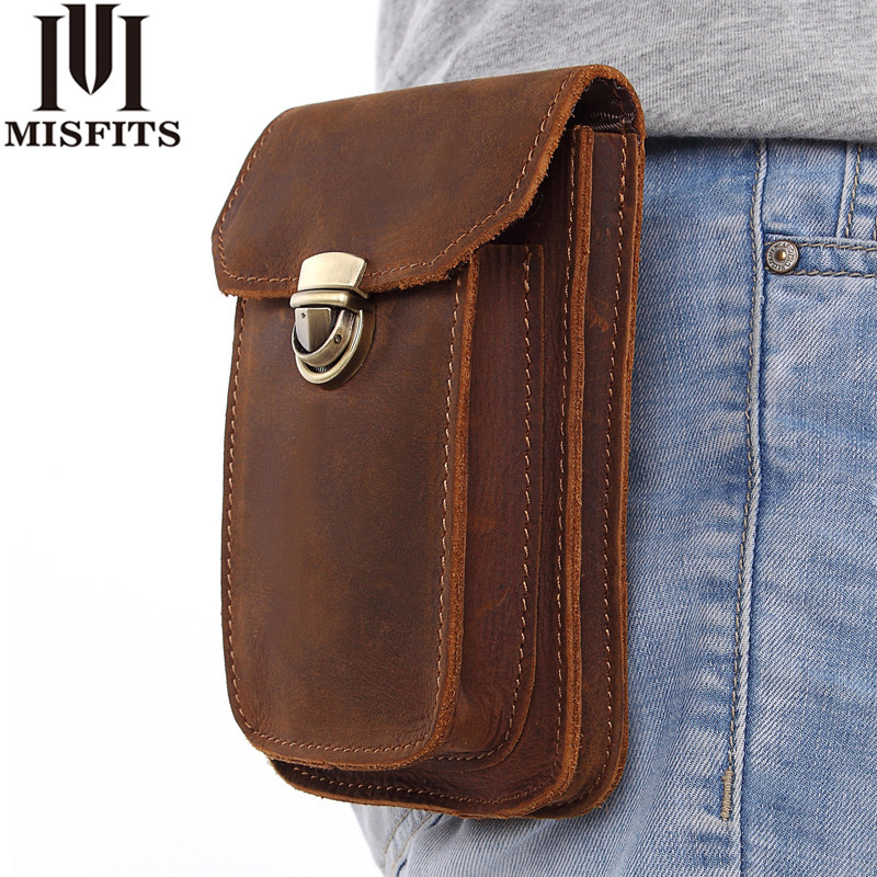 Mingshi European and American Retro Men's Leather Waist Bag Small Hanging Bag Top Layer Cowhide Wearing Belt Mobile Phone Bag Storage Bag
