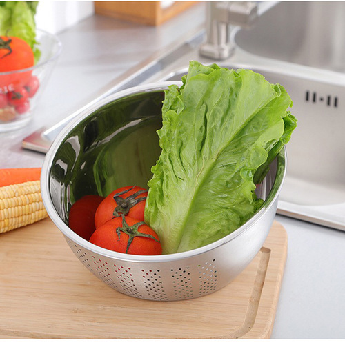 European 304 stainless steel rice sieve vegetable basin thick rice washing basin rice washing basket fruit bowl dense hole drainage basin gold