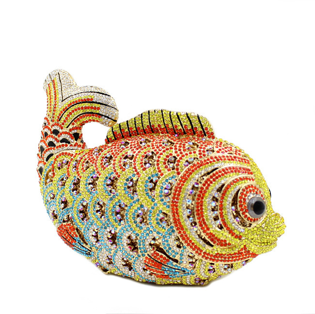 BL028 bolsas de diamante de peces dorados, bolsas de cena de cristal metálicas, bolsas de mano de diamantes, bolsas de mano de mujer amarillas
