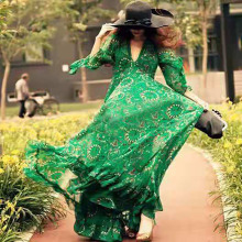 跨境新款速卖通亚马逊欧美流行V领连衣裙长裙-女装印花长裙