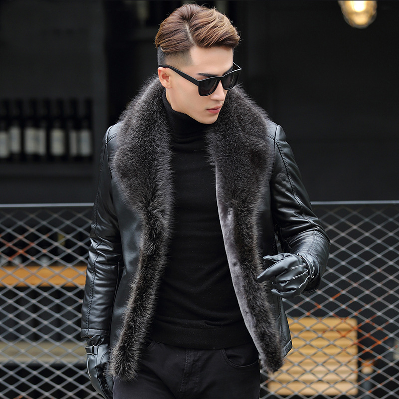 Men's Genuine Leather Jacket Fur Collar All-in-one Thicken Winter