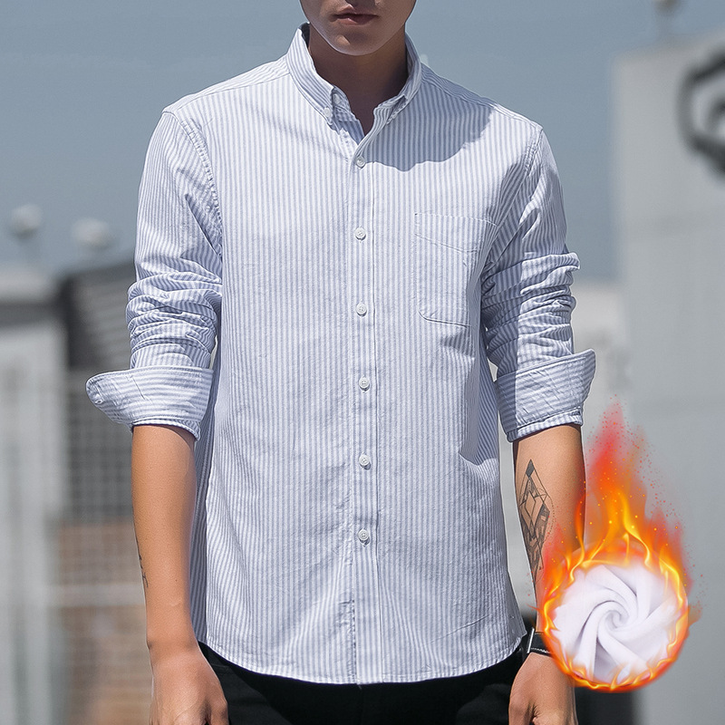 Camisa de Hombre Dongyu para Otoño e Invierno, Forrada de Felpa Cálida, Camisa de Manga Larga de Tela Oxford a Rayas, Camisa de Hombre de una Pieza al por Mayor