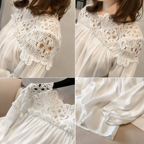 lace chiffon long-sleeve blouse, korean style, spring fashion for women